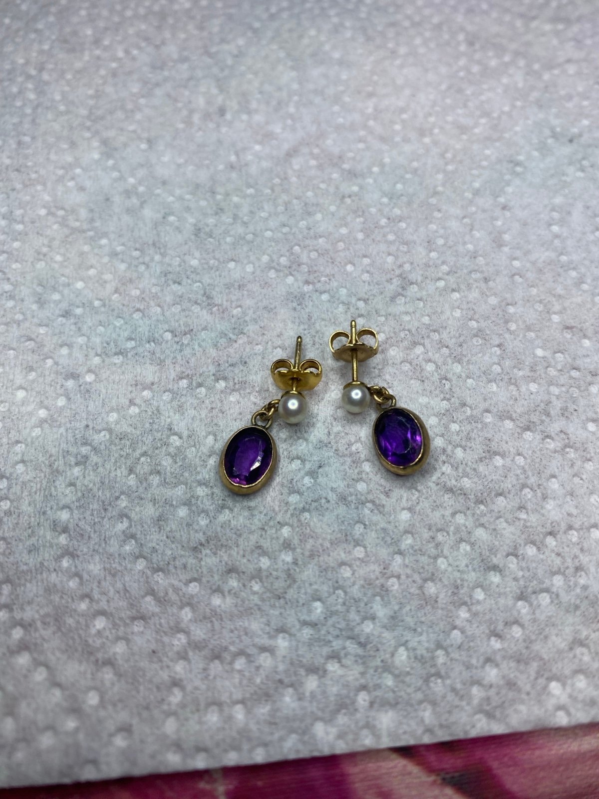 14k gold pearl amethyst dangle earrings