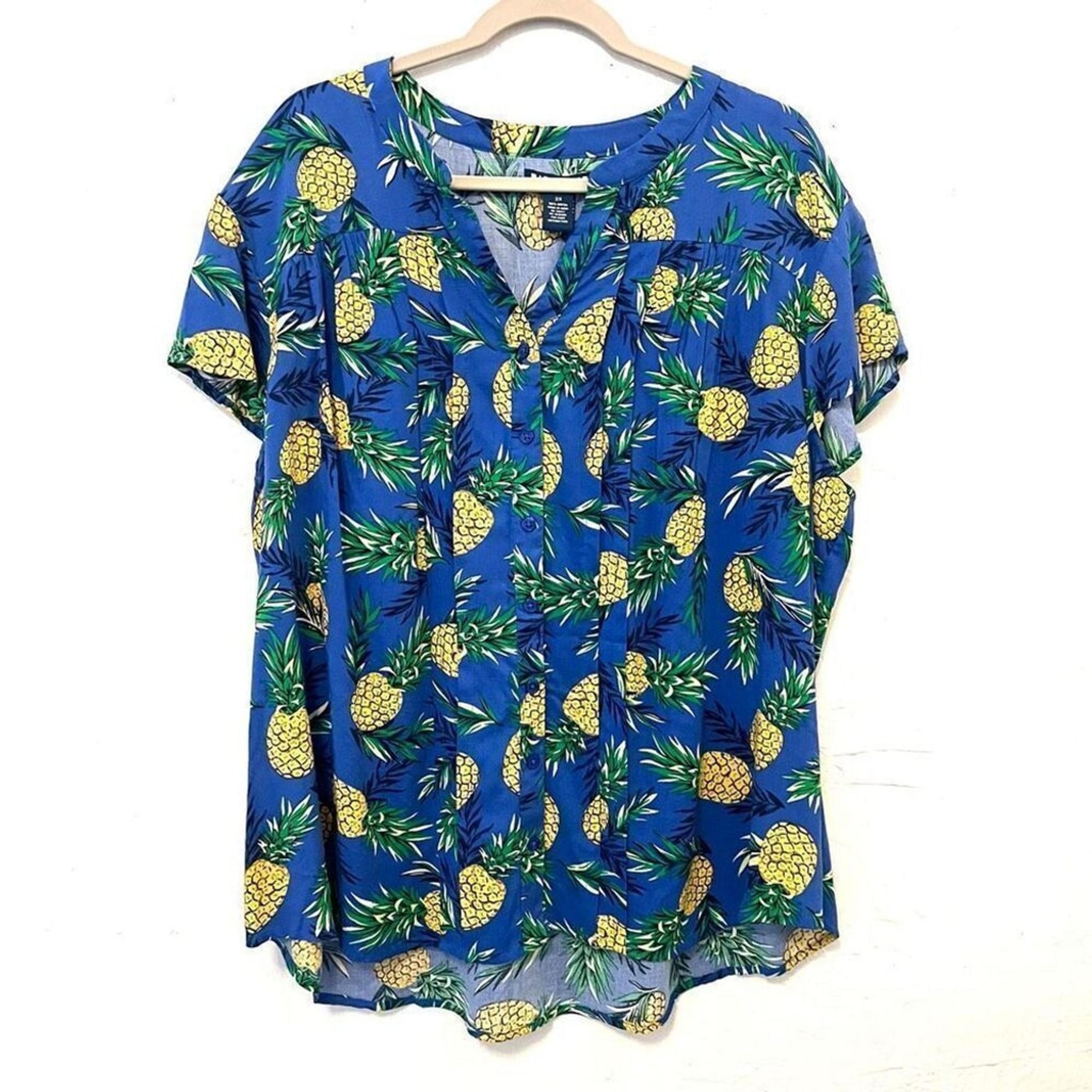 Architect Woman Sz 2X Short Sleeve Button Blouse Pleated Pineapple Print