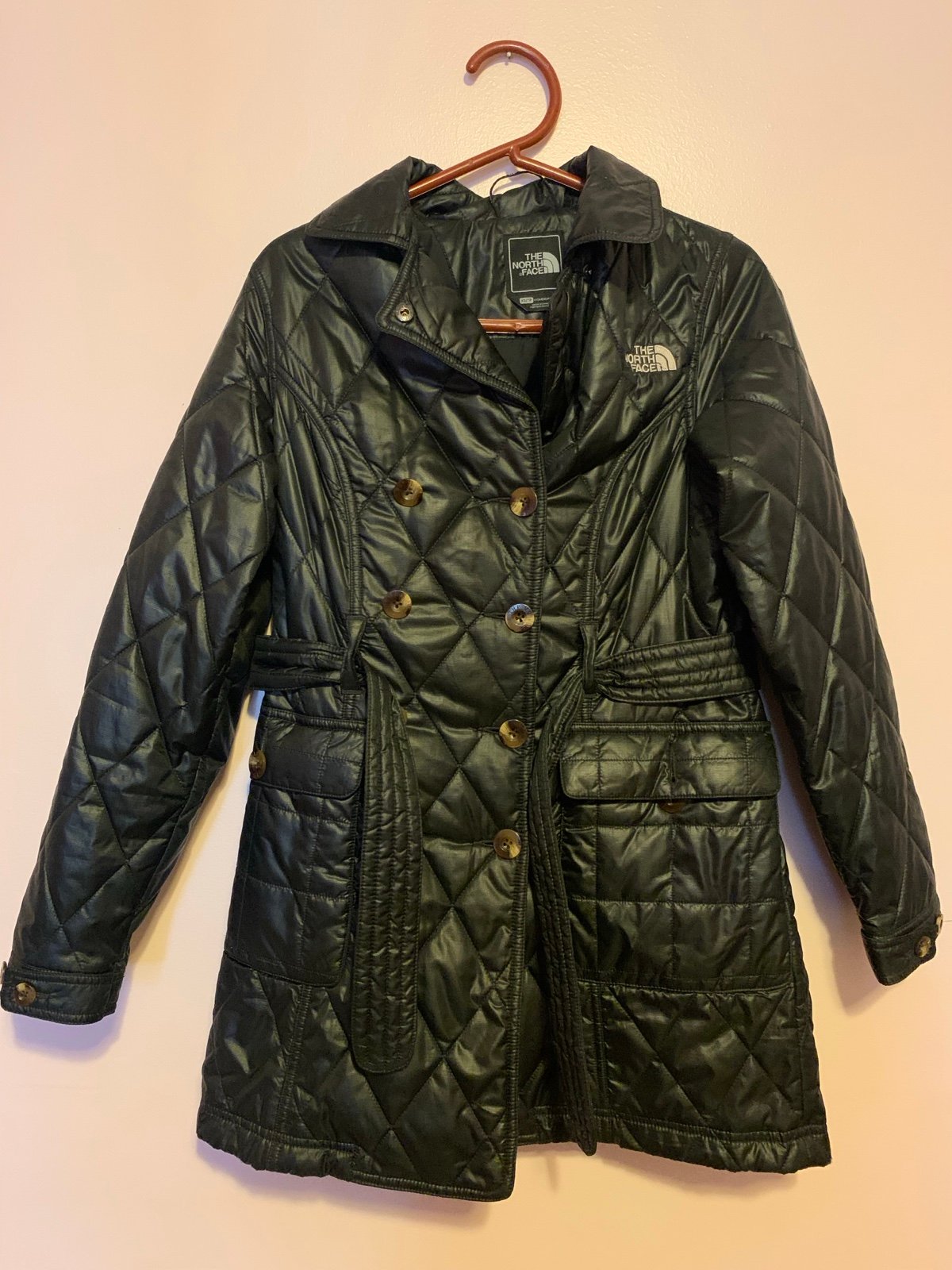 North Face Women xs Primaloft Dress Quilted Belt Zip Button Down Jacket Coat