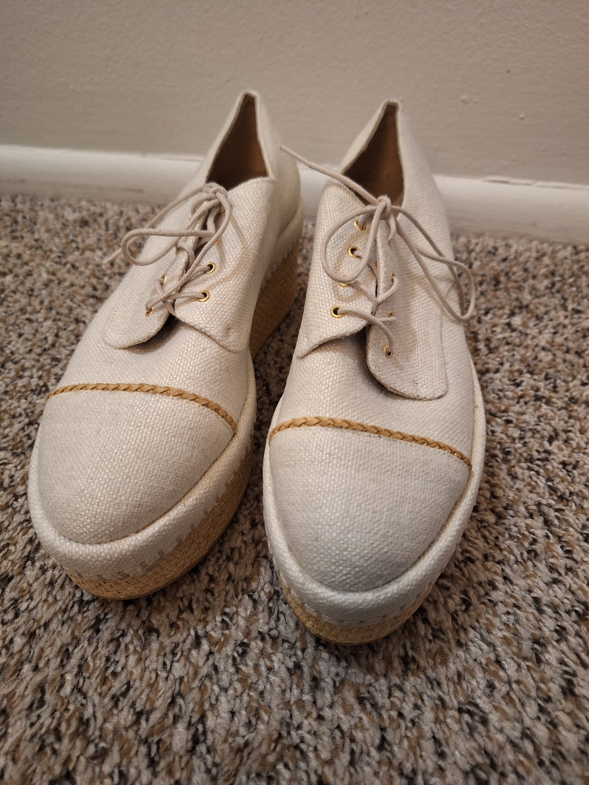 STUART WEITZMAN Cream Canvas Lace Up Flat Platform Oxfords