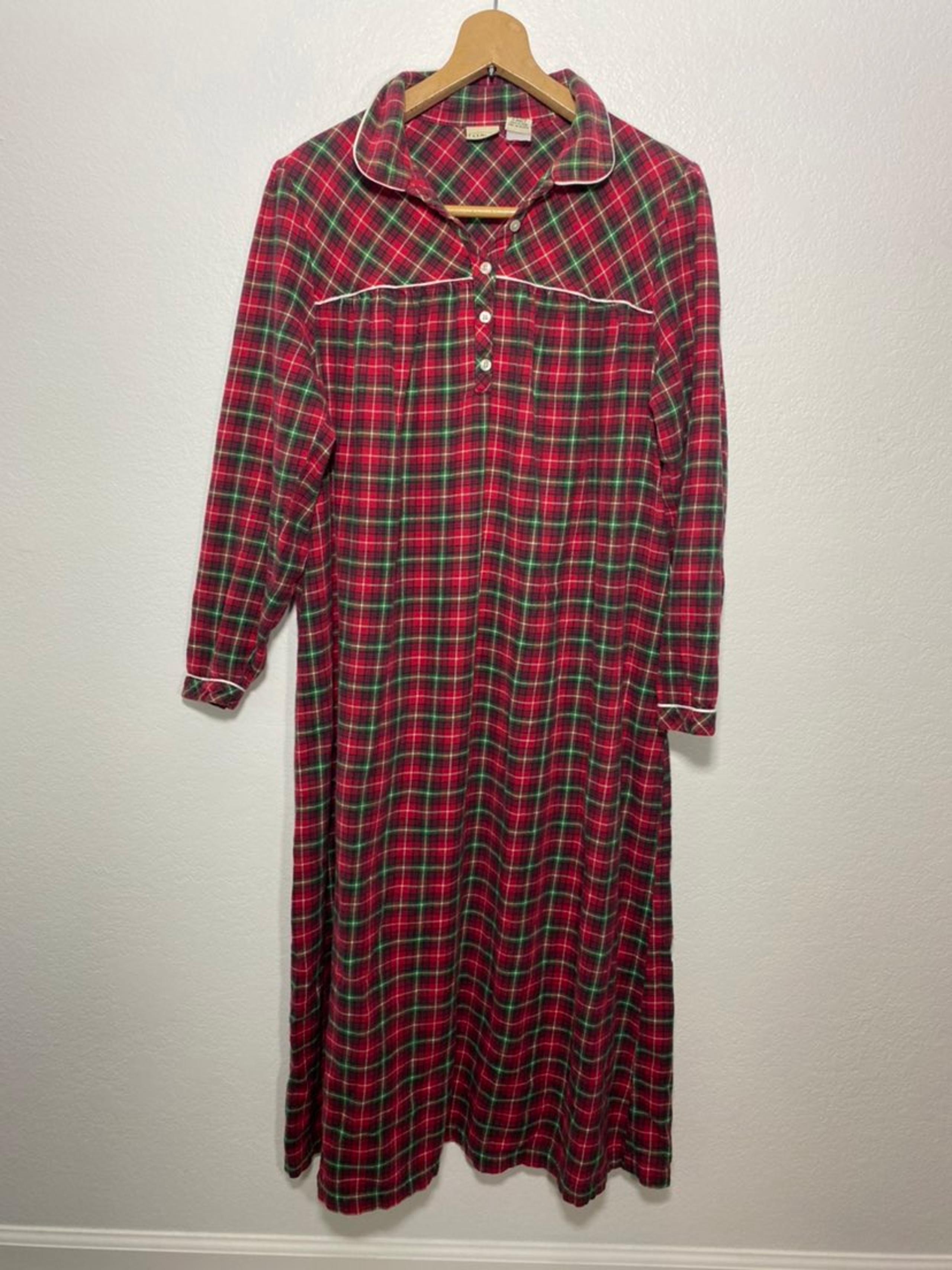 womens red green flannel 100% cotton sleeping gown pj small - L.L. Bean