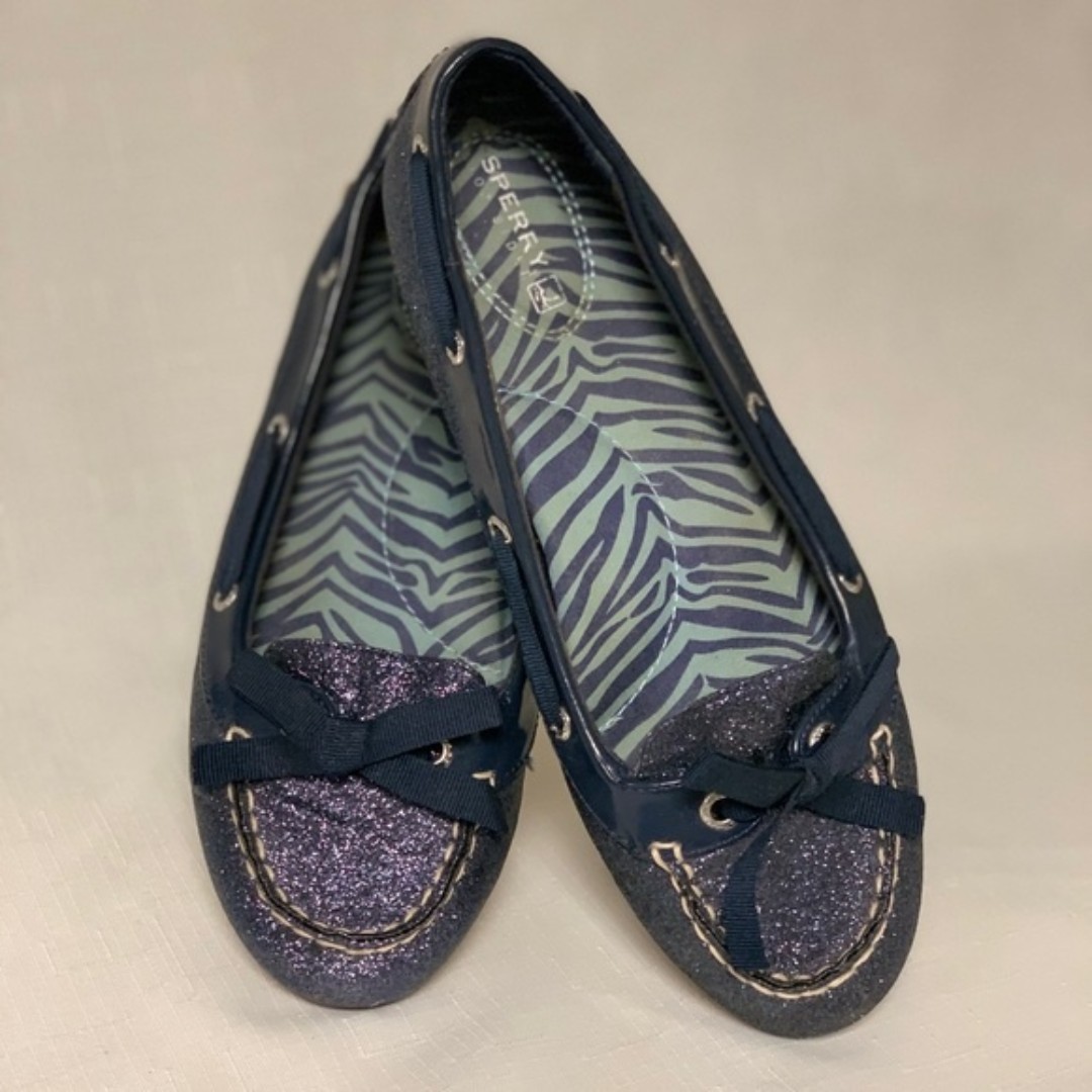 Sperry Shoes Women's 7 Top Sider Glitter Boat Flat Loafers Navy Blue Preppy