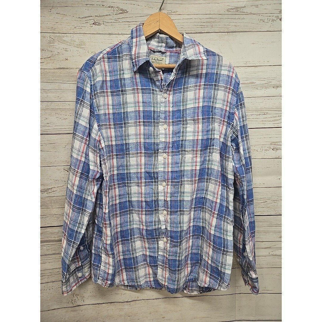 LL Bean Shirt Mens M 100% Linen Long Sleeve Button Up Plaid Blue Slightly Fitted