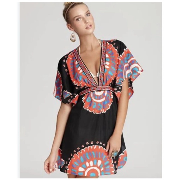 Trina Turk Yucateca Tunic Swim Cover Dress Size S Black Red Multi Short Caftan
