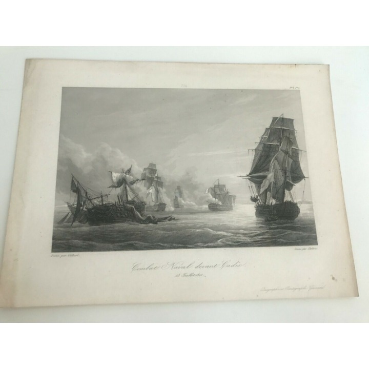Combat Naval devant Cardix by Pierre Julien Gilbert - 1801 - Steel Engraving