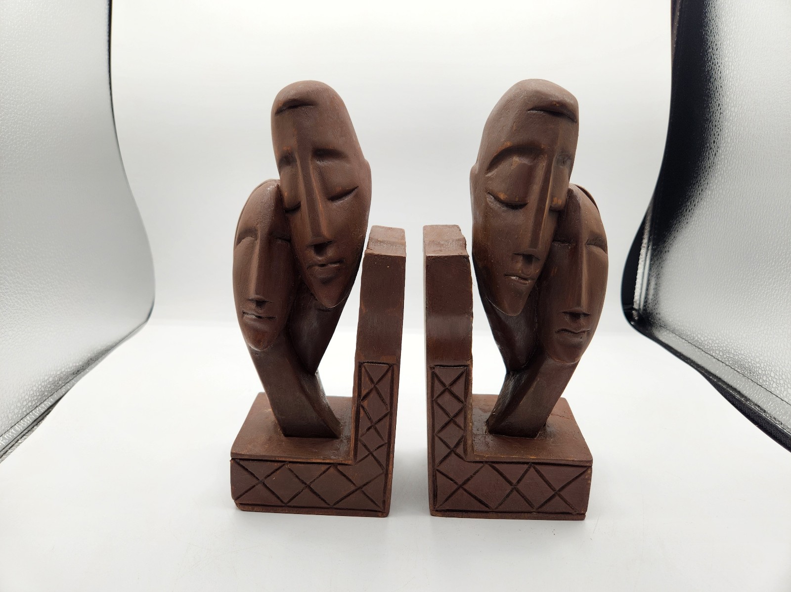 Vtg Lovers Interwind Face Sculpture Wood Bookend Figurine Mid Century Modern MCM