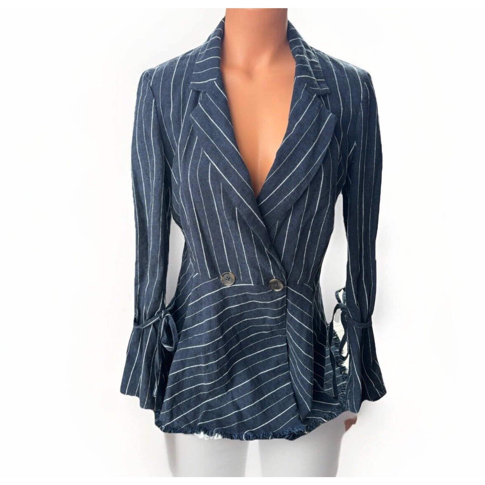Free People Stella Blazer Size XS Navy Blue Striped Boho Linen Jacket