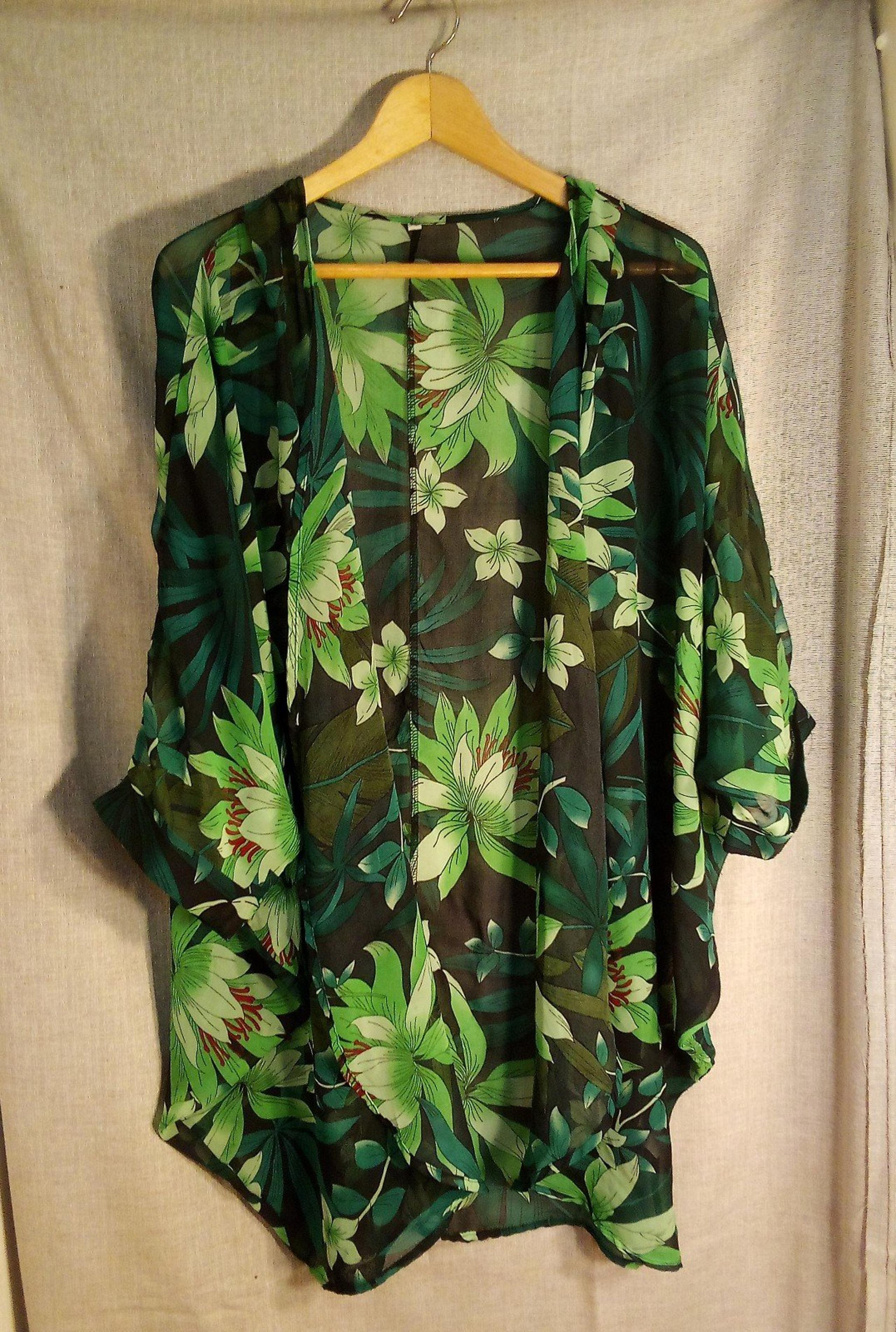 Tropical Foliage Loose Flowy Sheer Kimono Robe Swimsuit Coverup Size XL