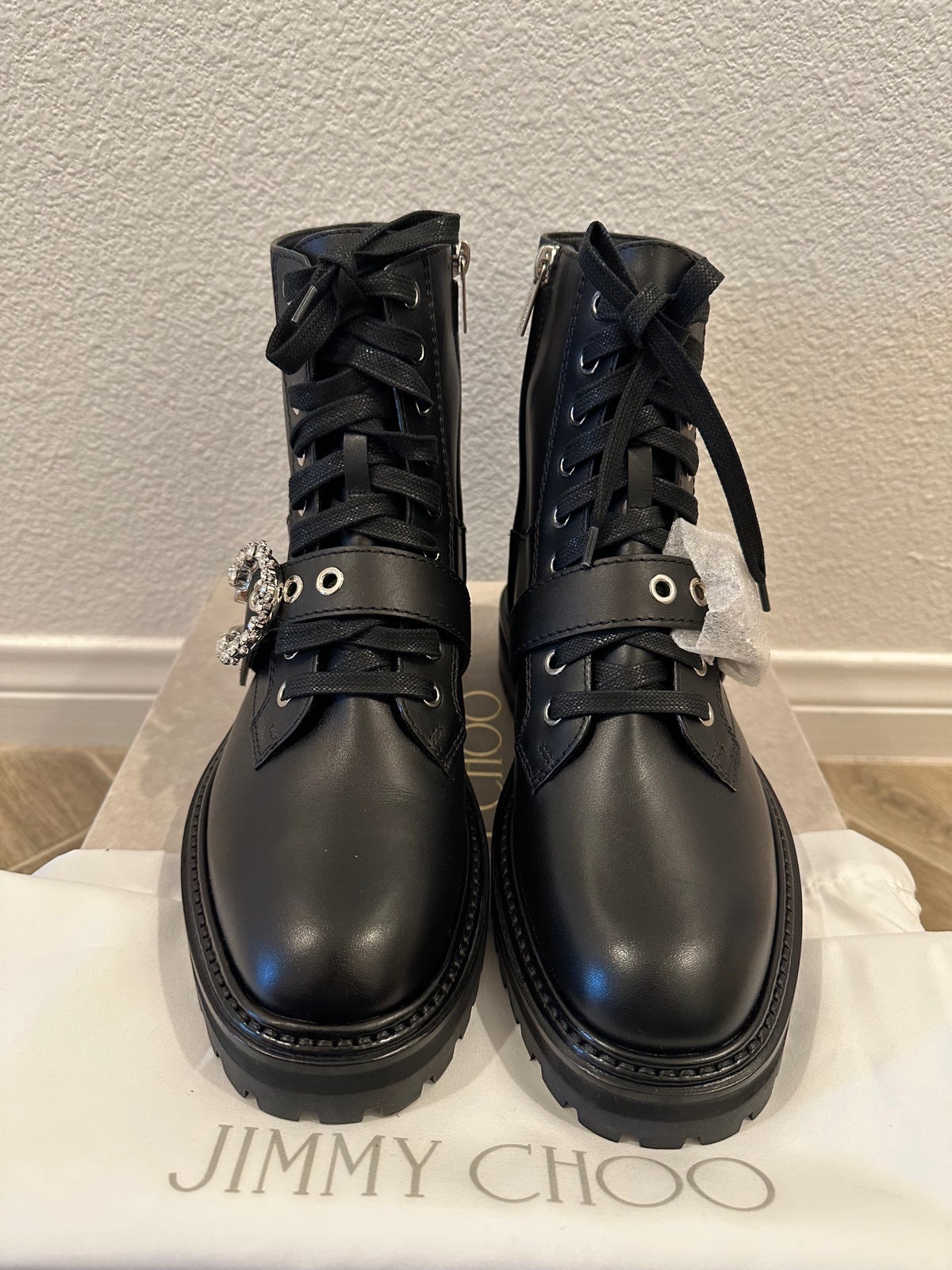 NEW Jimmy Choo Black Cora Flat Crystal Boots 38