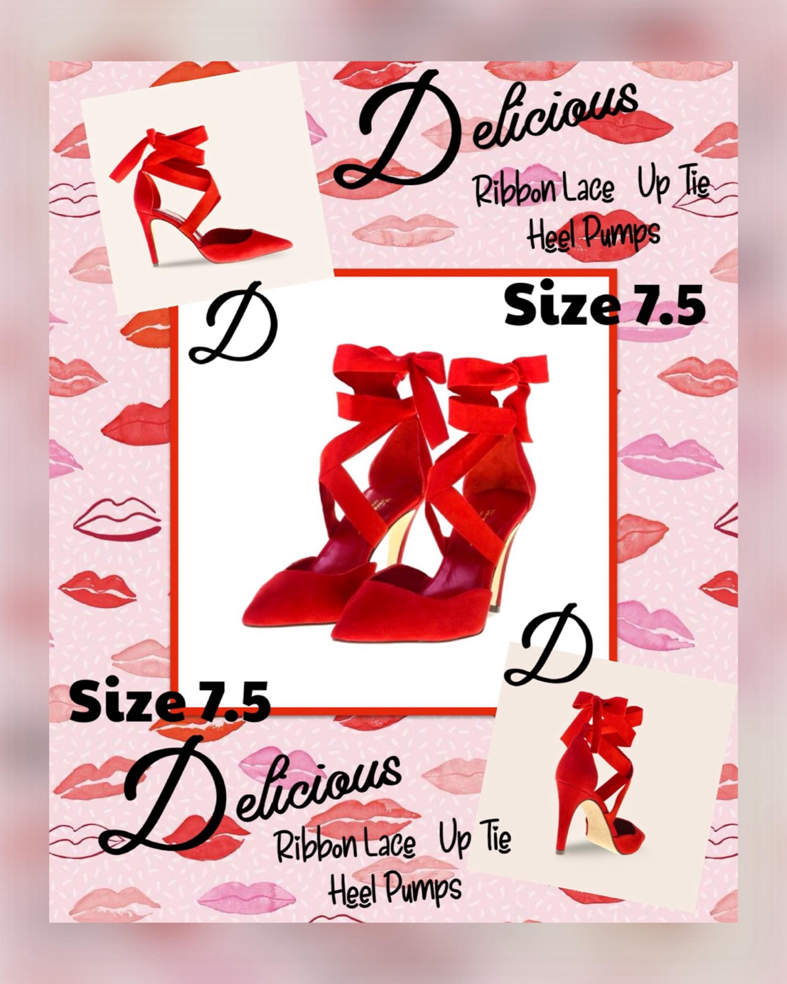 Delicious Shoes Red Suede Stilletto High Heel Pumps Ribbon Tie-Up, Size 7.5