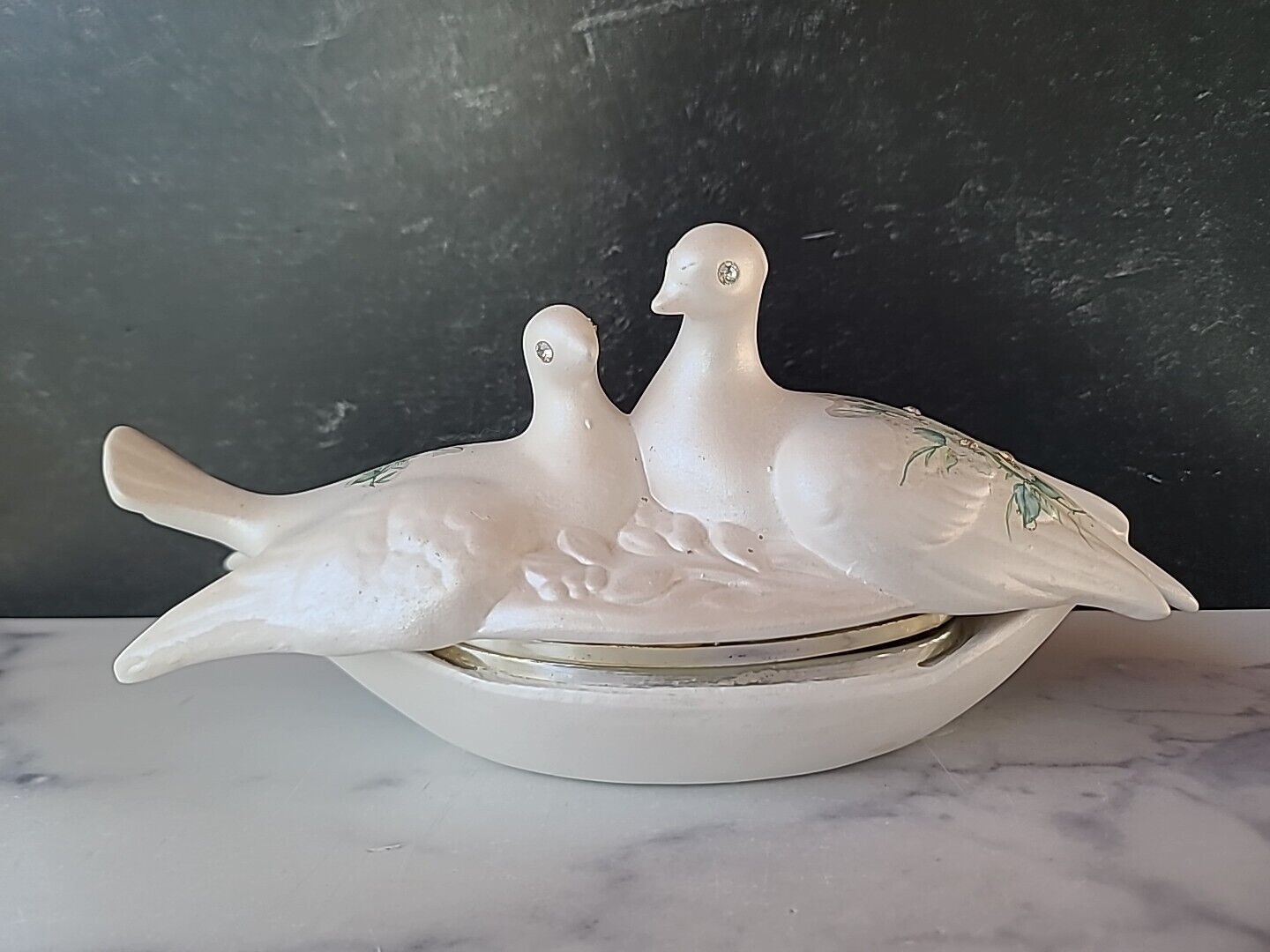 Vintage BERGER Porcelain Made in Italy Rhinestones Twin Dove Trinket Box