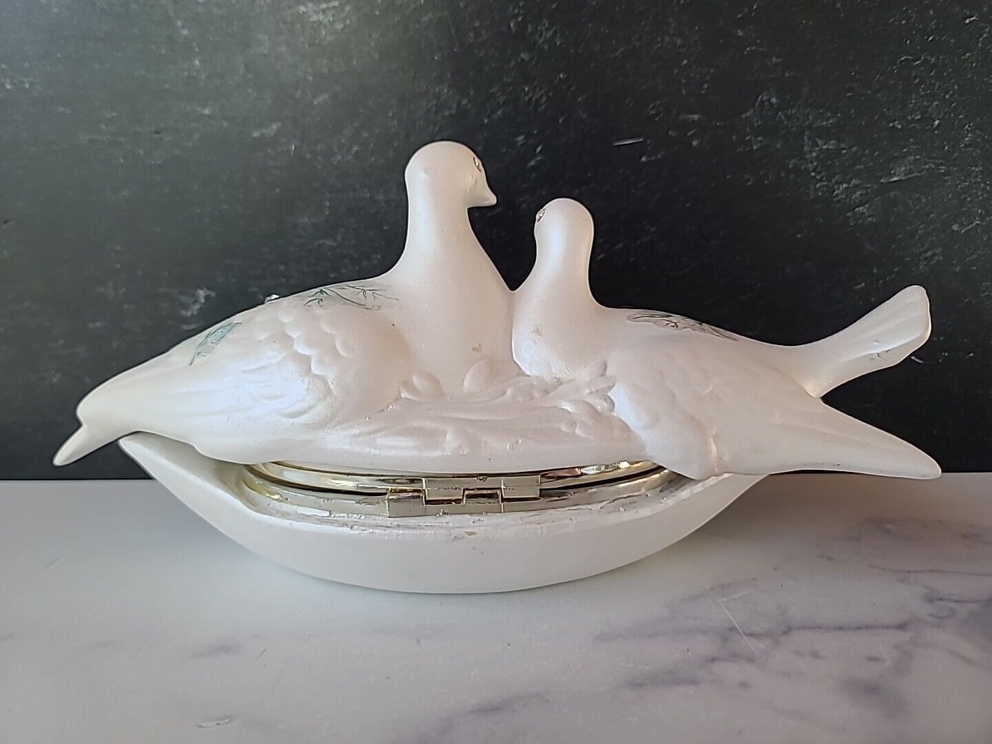 Vintage BERGER Porcelain Made in Italy Rhinestones Twin Dove Trinket Box