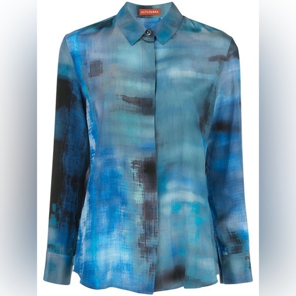 Altuzarra Chika Silk Button Down Top in Blue Watercolor Size 42 US 10