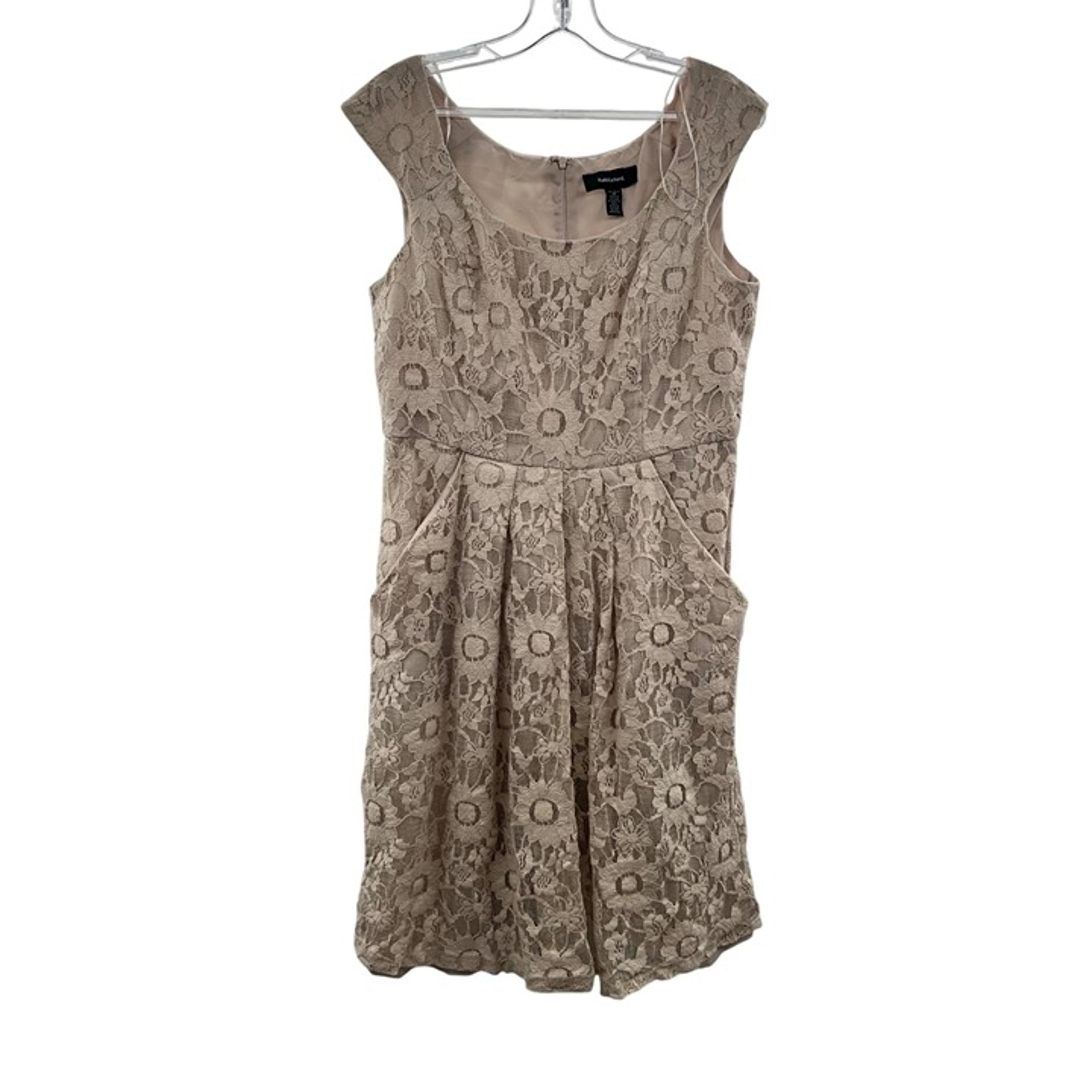 R&M Richards Women's Lace Overlay Beige A-Line Dress Knee Length Size 12 Pockets