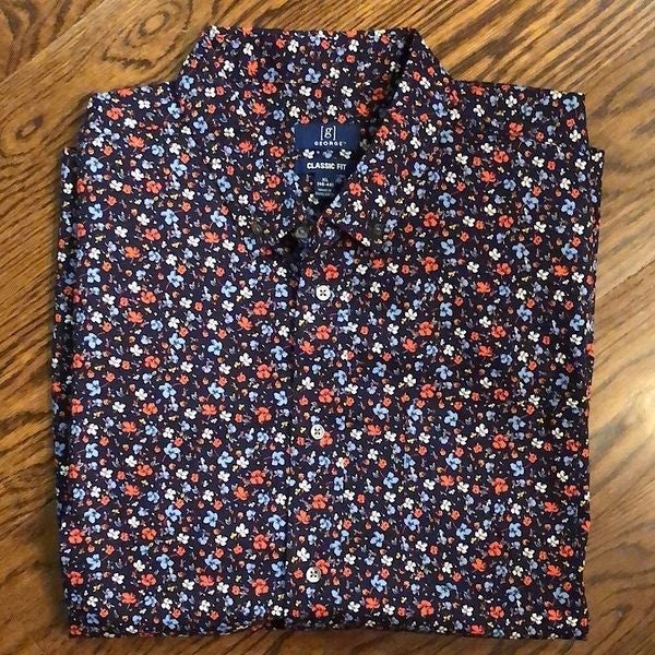 GEORGE Mens Navy Blue Floral Short Sleeve Button Down Shirt Sz XL