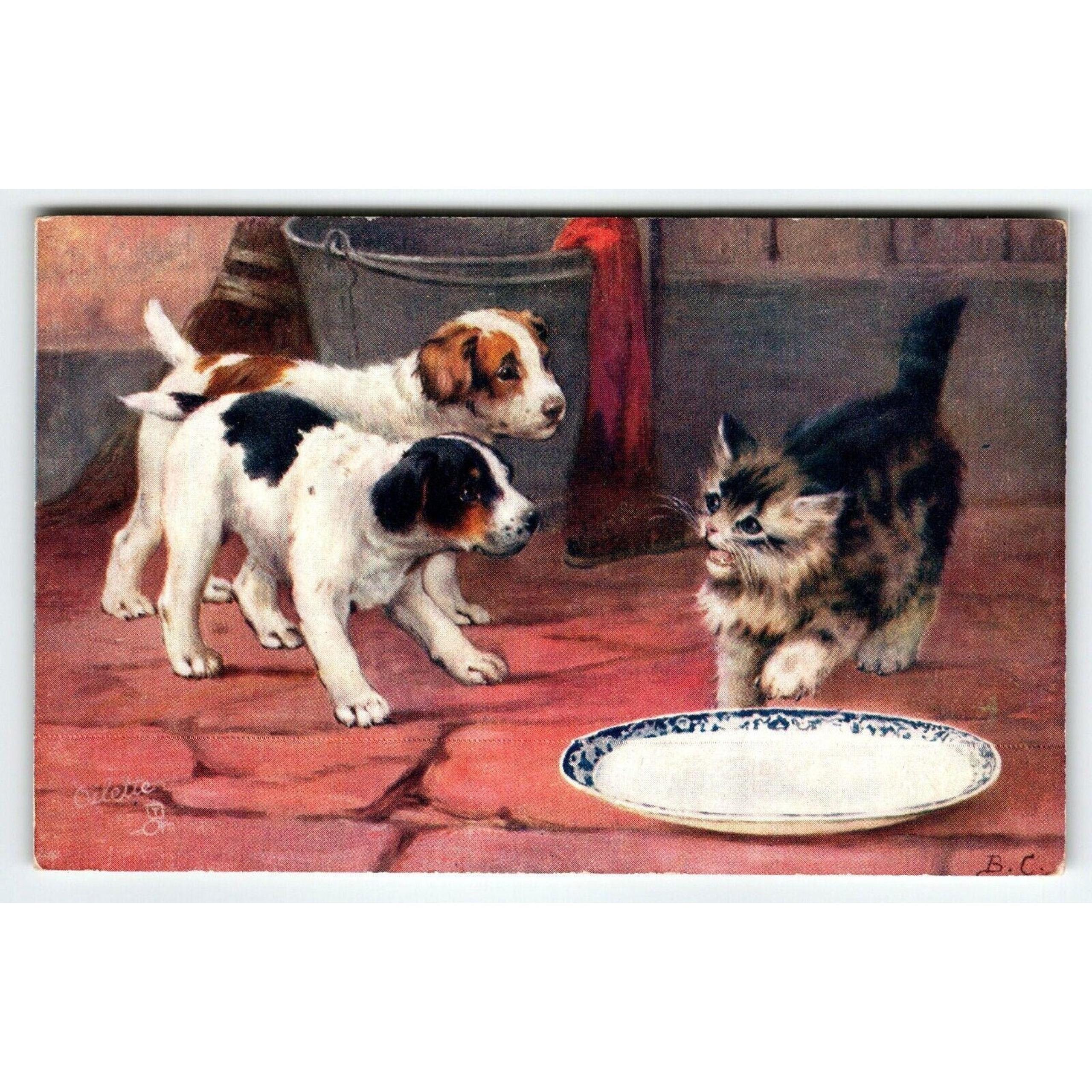 This Is My Milk Cat Dogs Tuck Series 9436 Signed B. Cobbe Kitten Puppies Oilette
