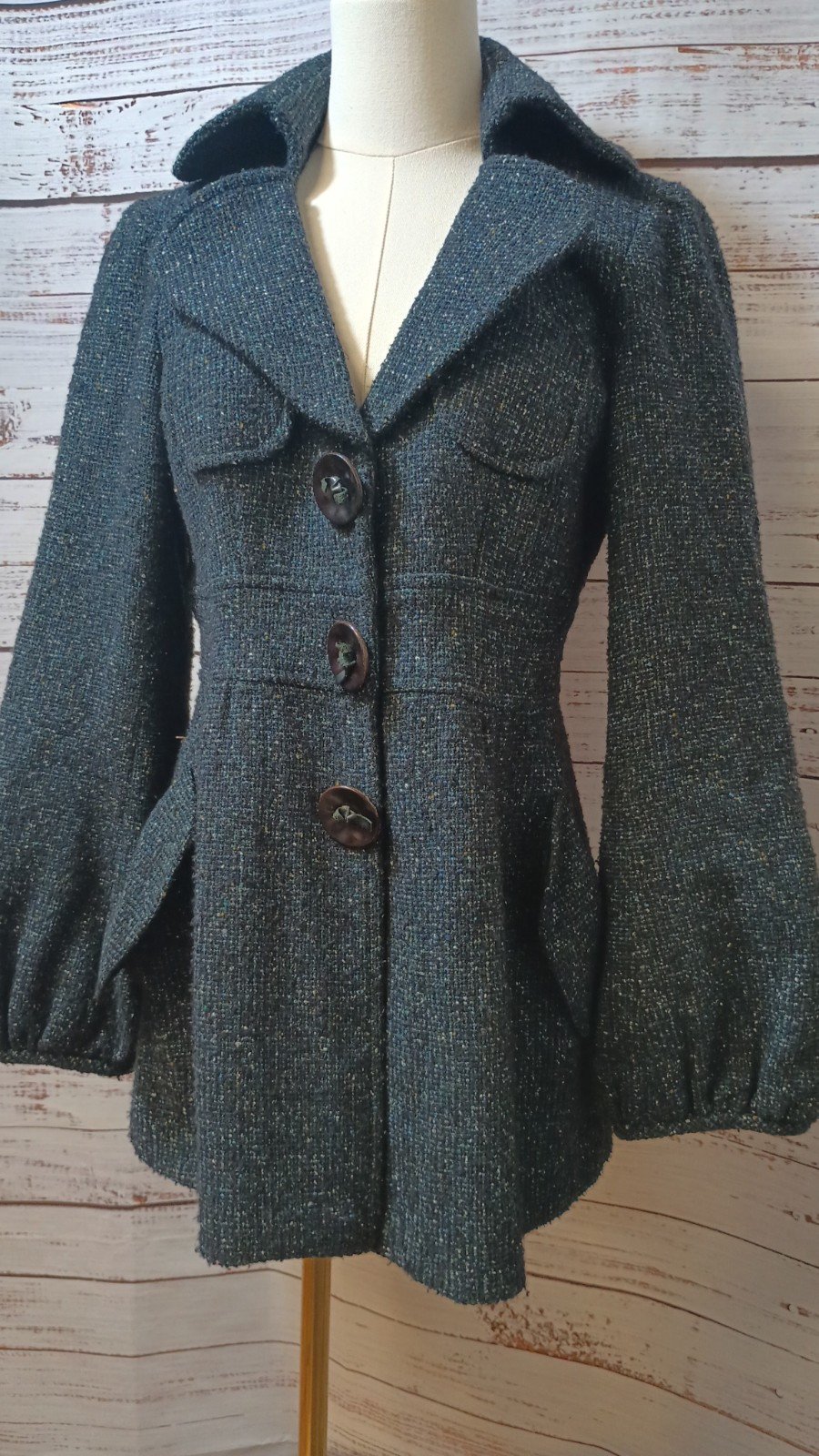 Nanette Lepore Speckled Tweed Girlie Pea Coat With Cinched Waist And Bubble...