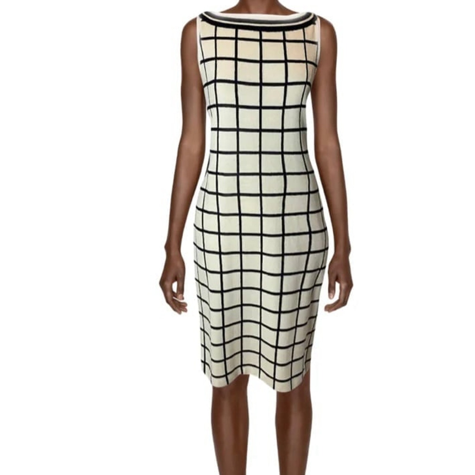 St. John Evening Cream & Navy Checkered Boatneck Sleeveless Dress Size 8 Wool