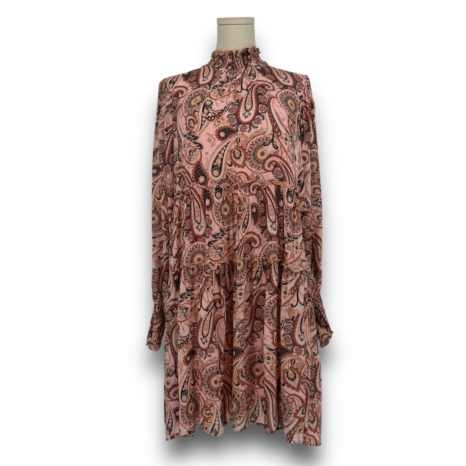 ANTHROPOLOGIE Cady Tiered Pink Paisley Long Sleeve Tunic Mini Dress Size M