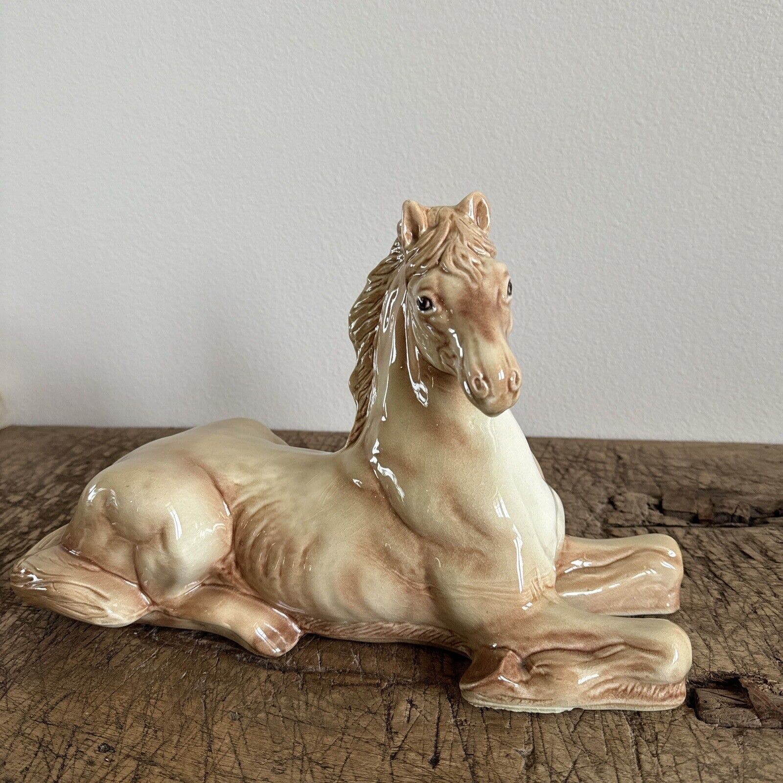 Mid Century Ceramic Horse Sculpture Plaster 16 Laying Down Cream Large Striking