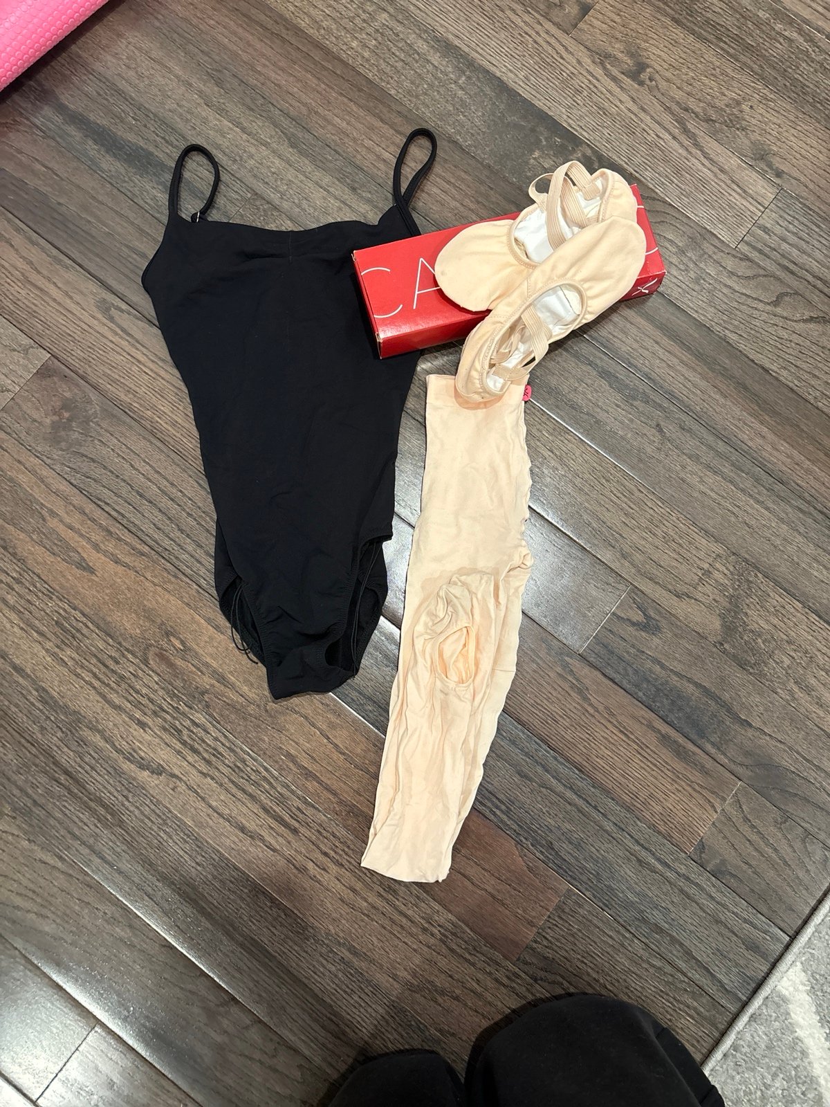 Black leo, pink tights, capezio ballet slippers