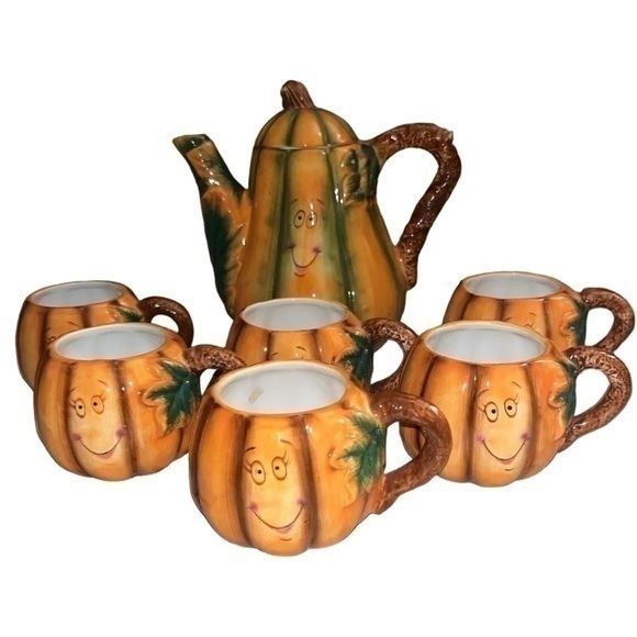 Vintage ARC Pumpkin Teapot And Mugs With Faces Set