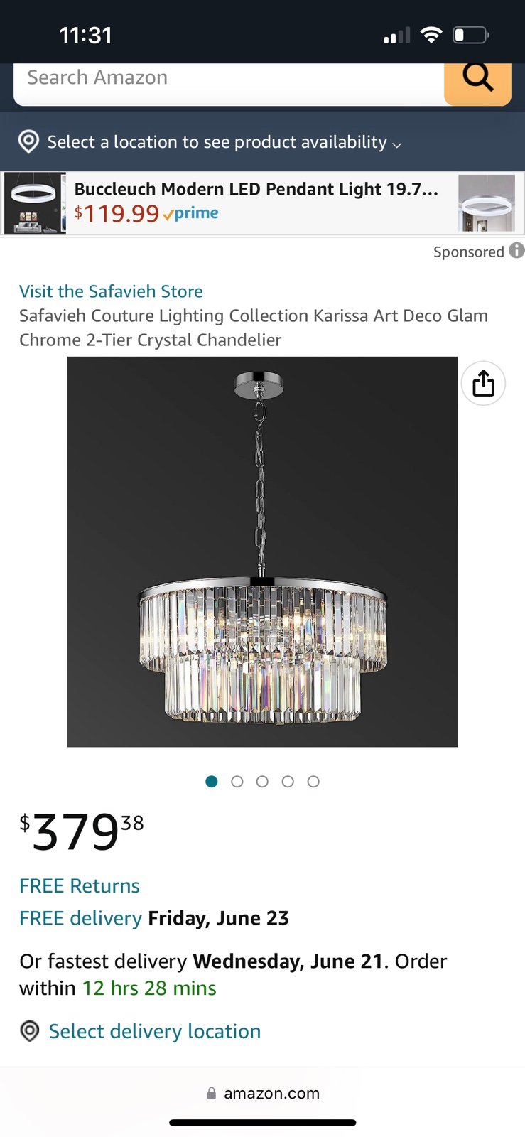 Safavieh Couture Lighting Collection Karissa Art Deco Glam Chrome 2-Tier Crystal