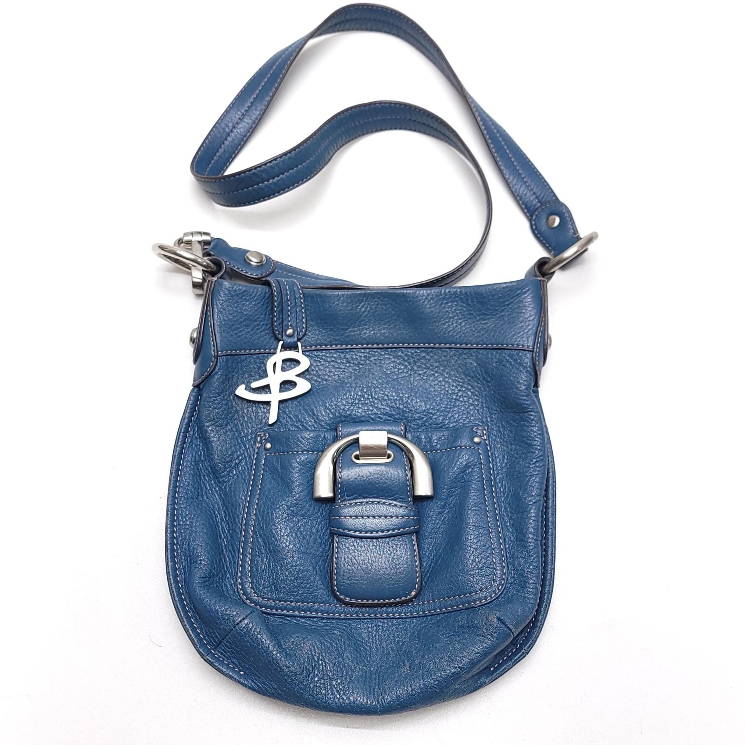 B Makowsky Purse Blue Pebbled Leather Silver Hardware Logo Crossbody bag
