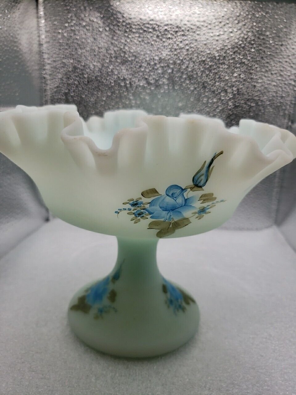 Fenton Satin Blue Vintage Glass Compote w/ Hand-Painted Blue Rosebuds Laura Long