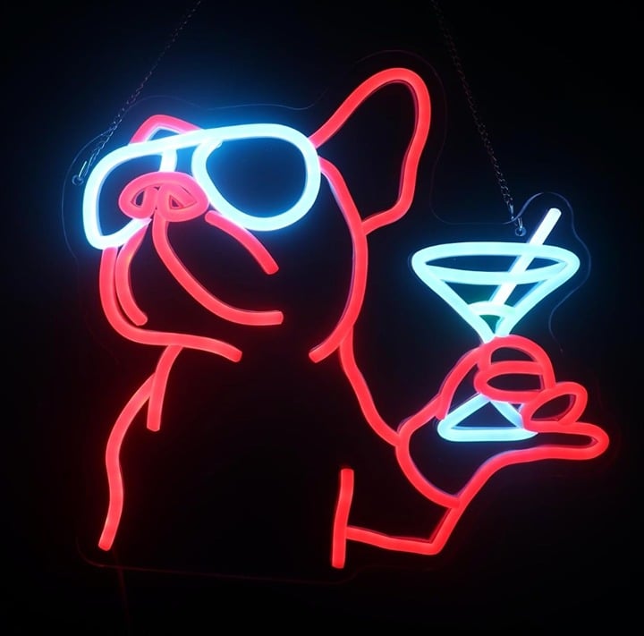 Fun Bright Red Frenchie Puppy Dog w/ Cocktail LED Night Light Bar Wall Decor