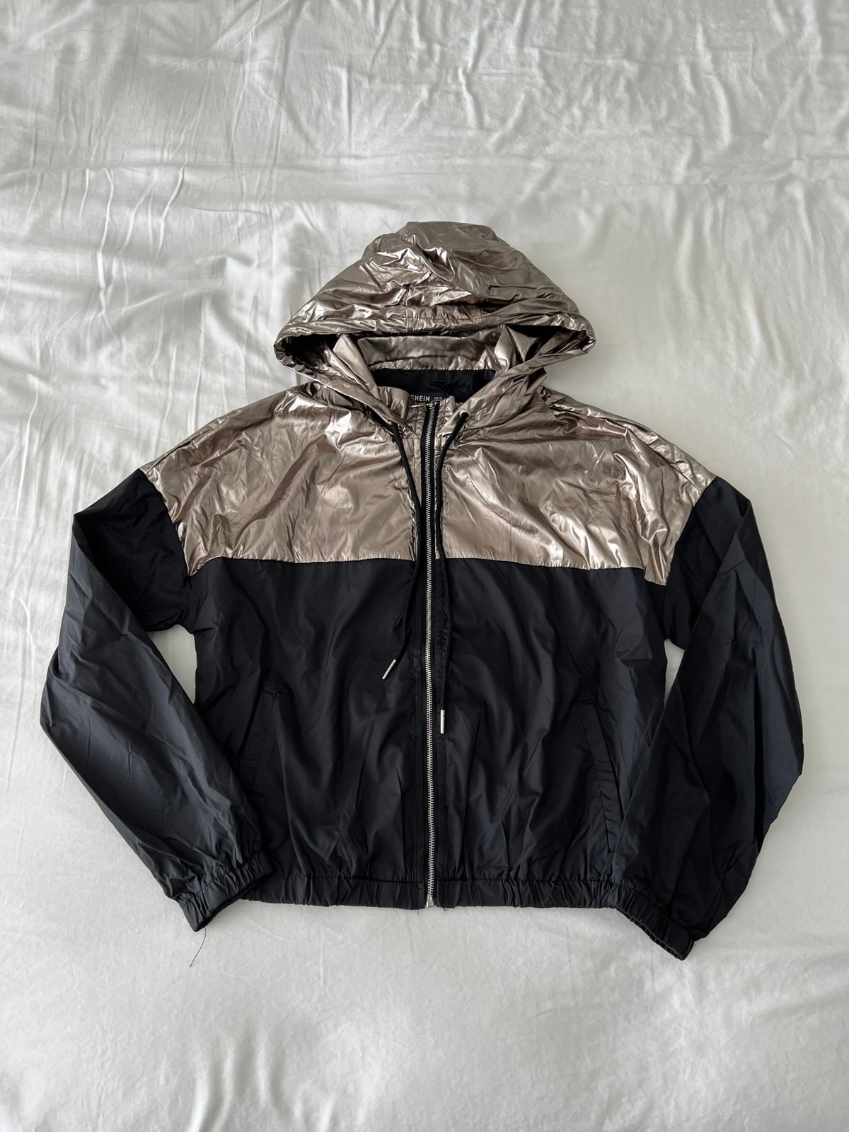 Black And Grey Metallic Detail Hooded Windbreaker Jacket