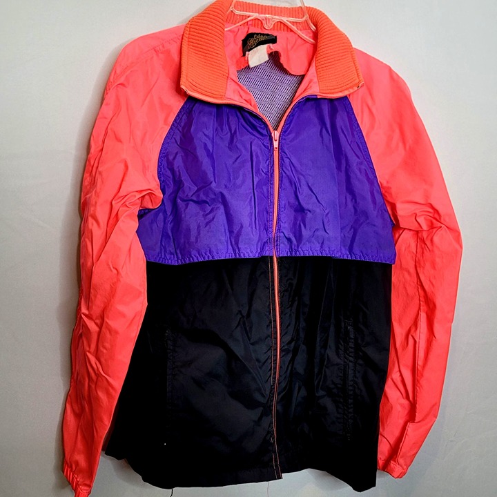 Vintage Neon Windbreaker Golden Bear Fold Away Hood Pockets Zip Front Small Pink