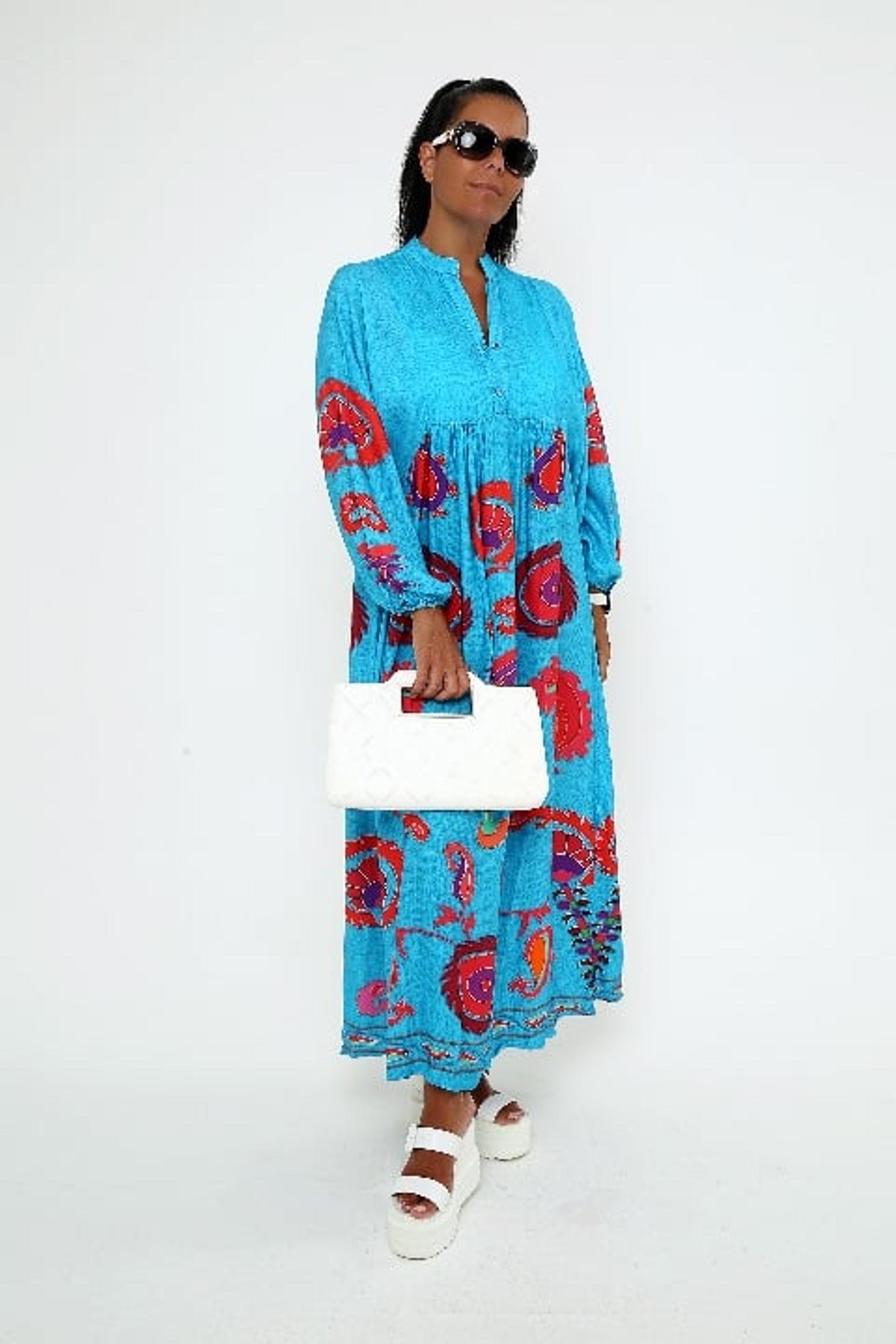 Women's Turquoise Boho Maxi Dress, Bold Paisley Print, Long Sleeve Viscose