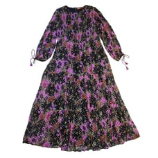 NWT Oliphant Milano Smocked Maxi in Navy Floral Metallic Chiffon Dress L