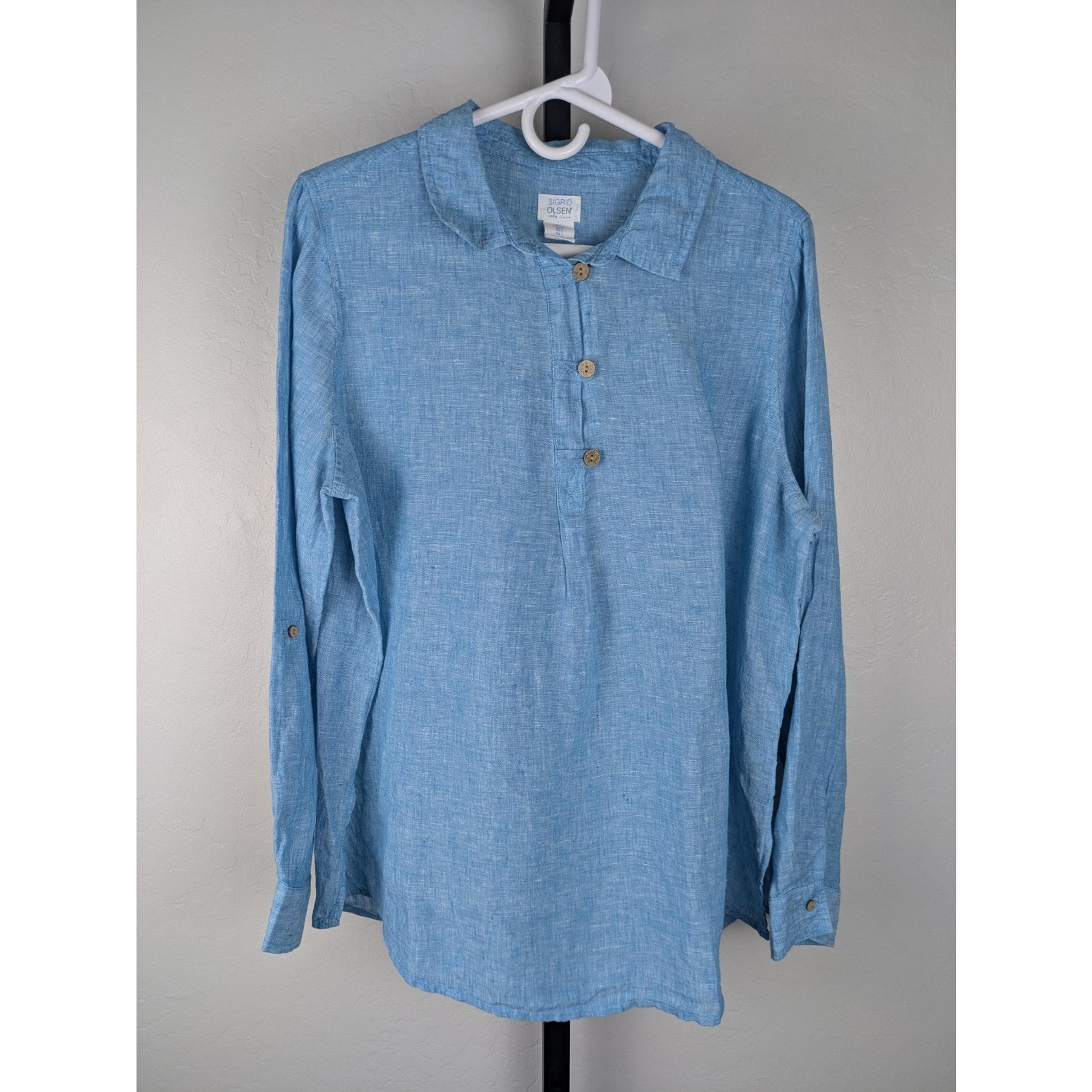 Sigrid Olsen size Large blue 100% Linen long roll tab sleeve tunic top