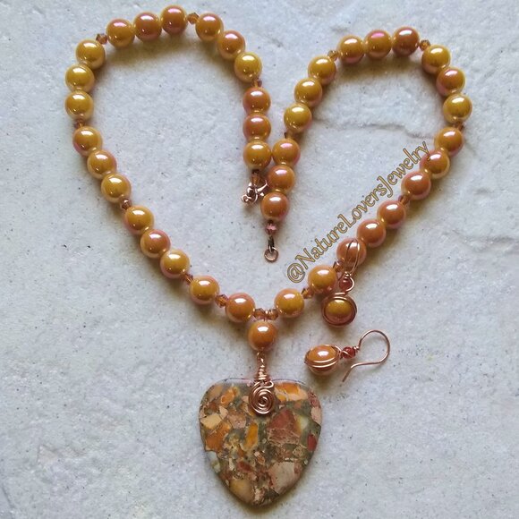 Mothers Day Alert!!! Sea Sediment Jasper Heart + Beaded Choker & Earrings Set