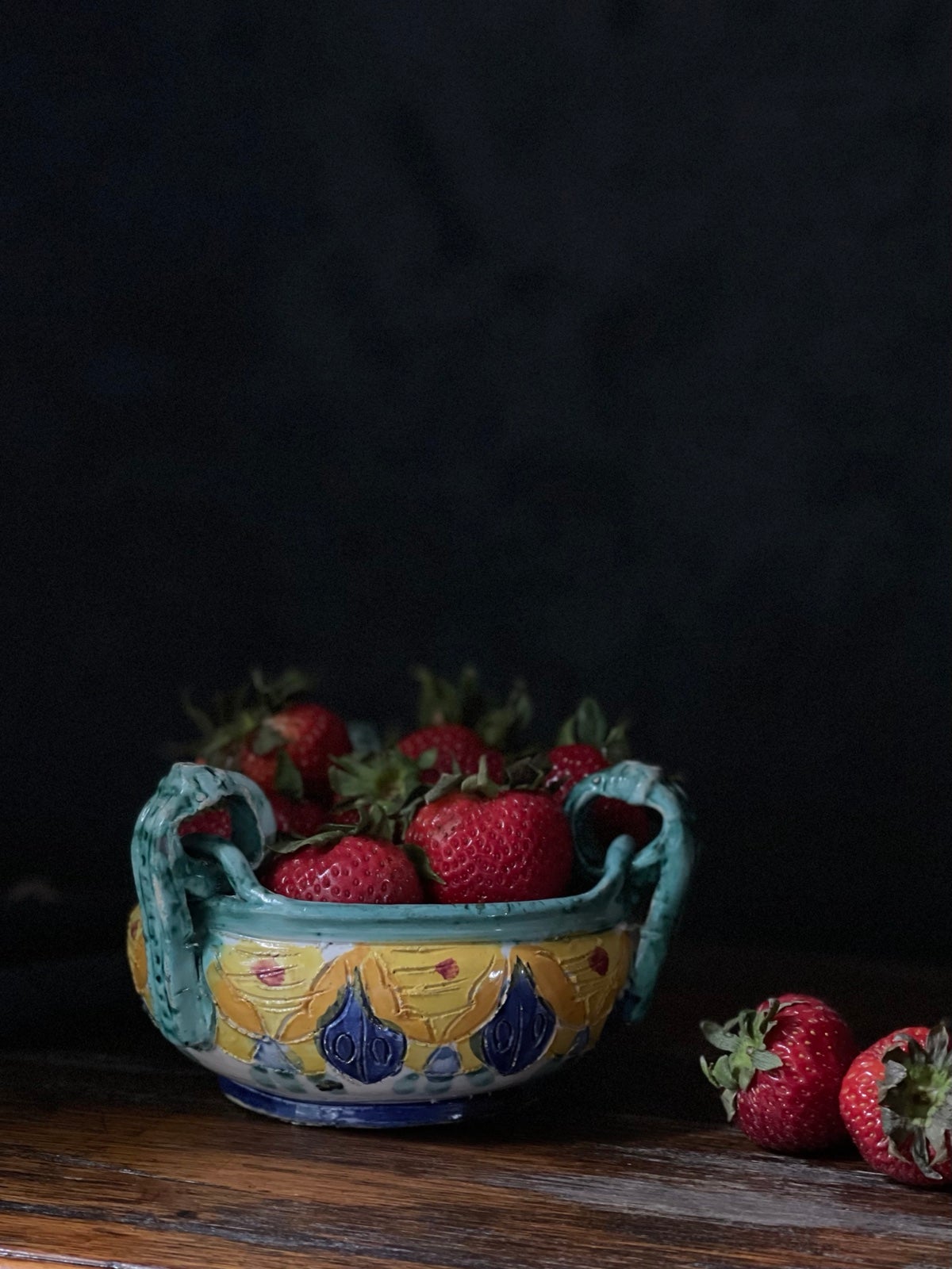 Vintage Italian Hand Painted Pottery Bowl with Three Handles Bright / Colorful