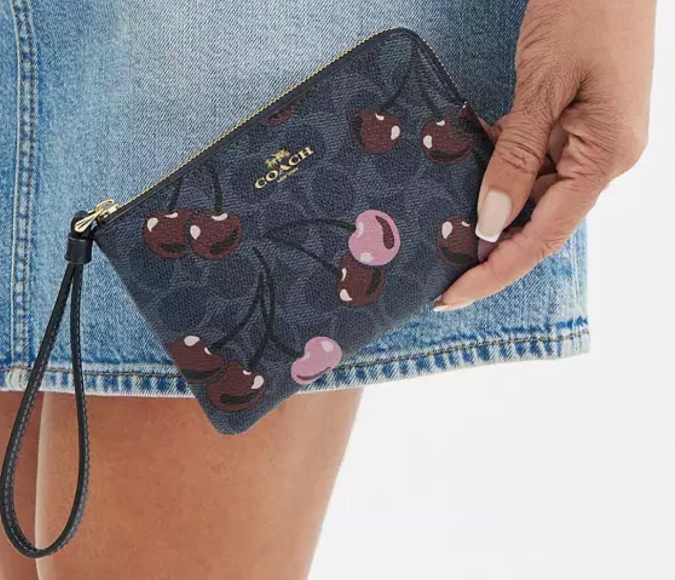 Coach Corner Zip Wristlet In Signature Canvas With Cherry Print