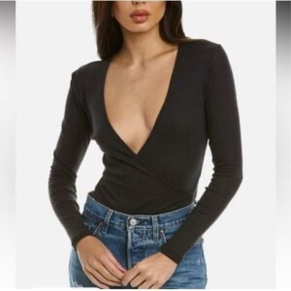 Ba&sh Womens Wrap V-Neck Long Sleeve Celia Bodysuit Black Small NWOT