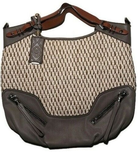 orYANY REGINA RAFFIA & LEATHER BROWN GRAY LARGE CONVERTIBLE SATCHEL BAG NWT