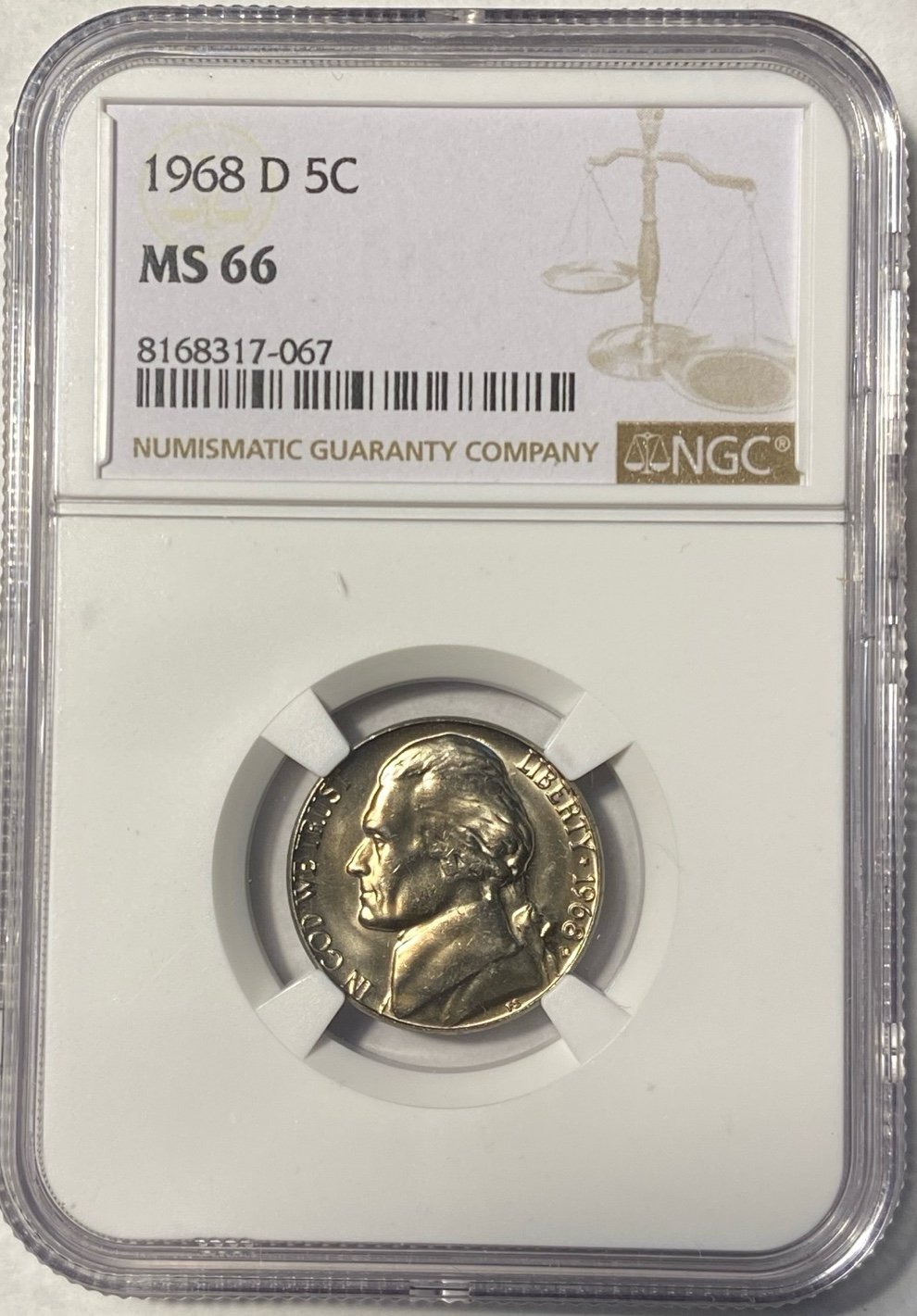 1968 D Jefferson Nickel 5c Coin Mint State NGC MS 66