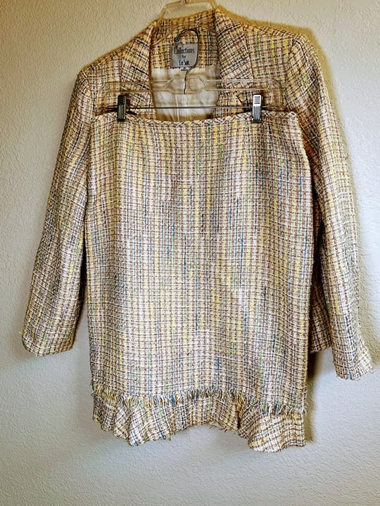 Skirt Suit Set Pastels Yellow Tweed Jacket & Skirt Two Piece Set Size 14 *READ*