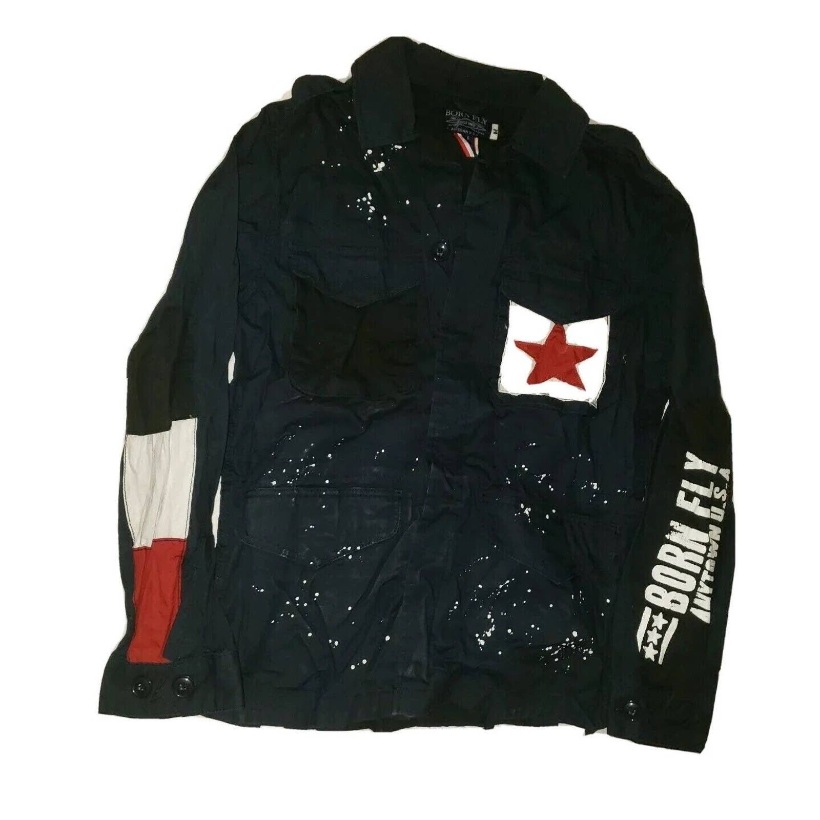 Born Fly Mens Blue Field Lightweight Star USA paint splatter Jacket size m | B1