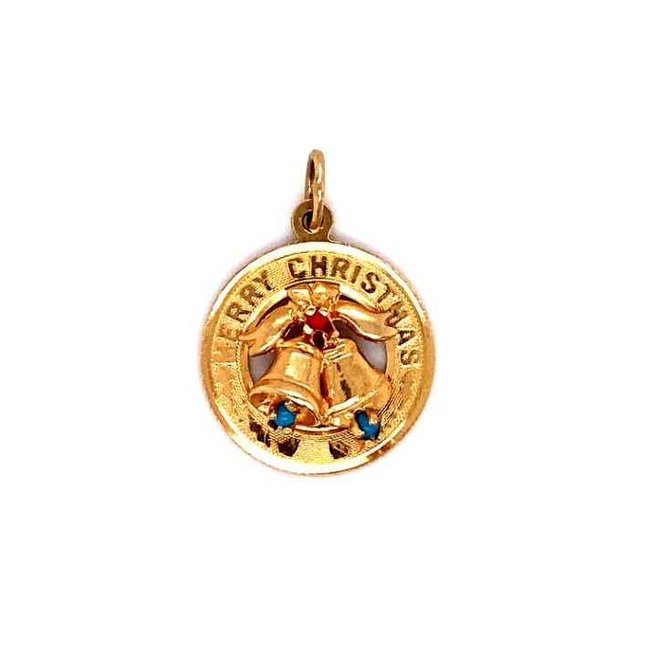 Merry Christmas Bell Charm in 14 Karat Gold