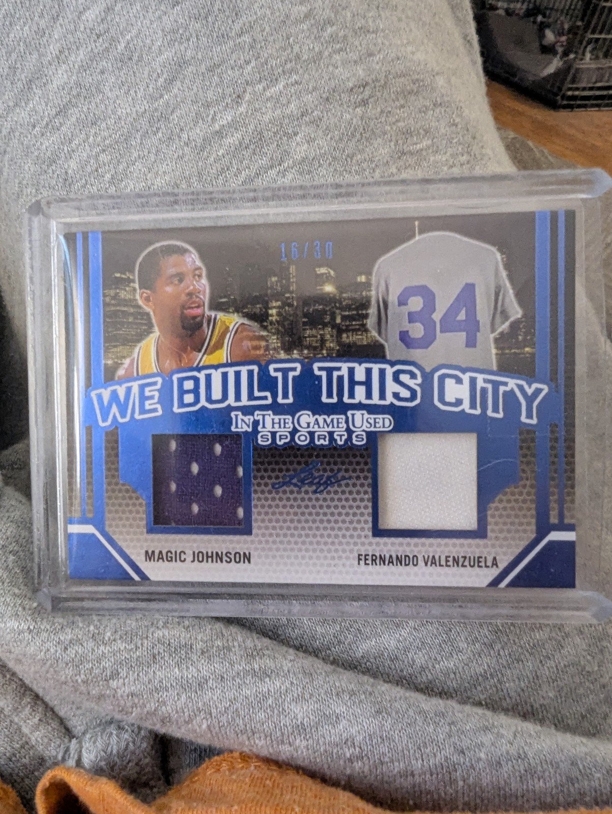 730 - 2019 Leaf In The Game Used Magic Johnson/Fernando Valenzuela Dual Patch/30