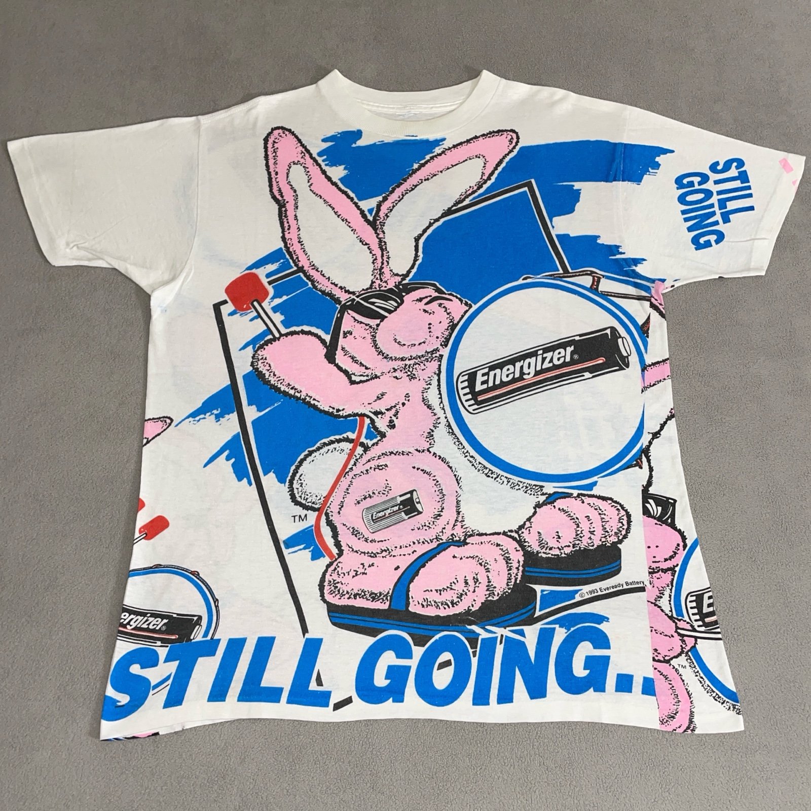 Vintage 90s Energizer Bunny Battery All Over Print T-shirt Size L Retro AOP Art