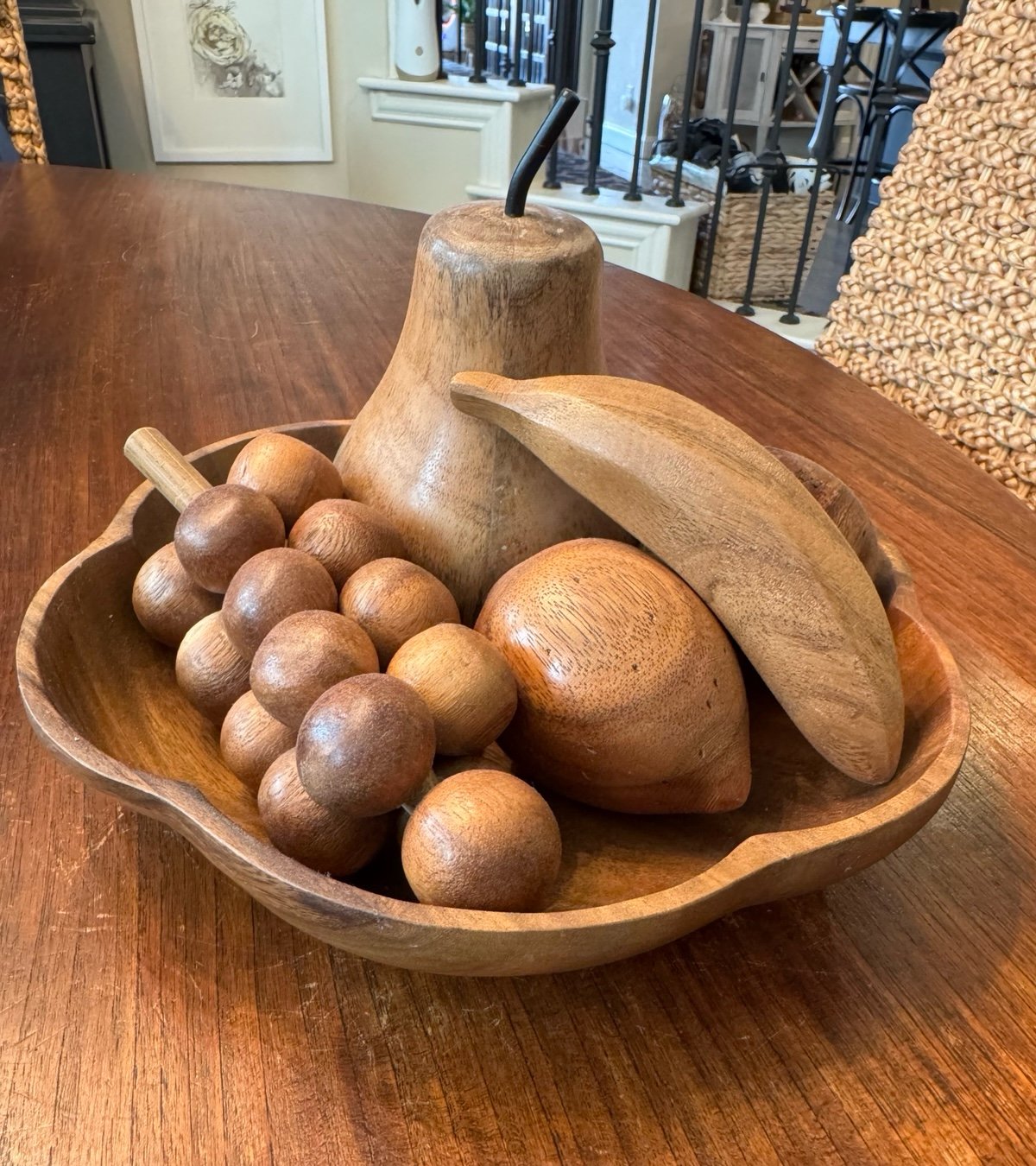Mid-Century Modern Monkey Pod wooden bowl with carved fruit