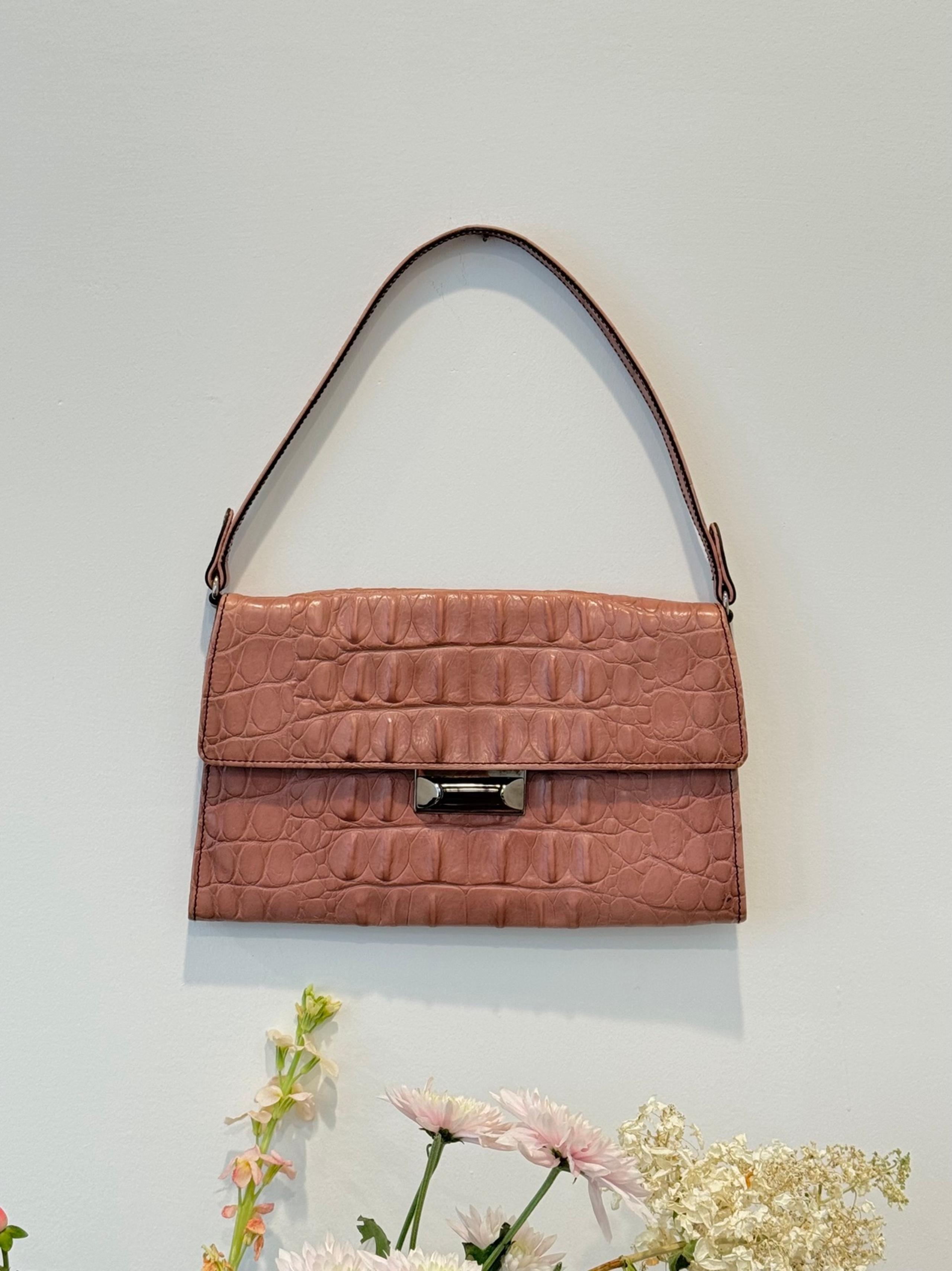Miu Miu Crocodile Embossed Small Shoulder Bag in Dusty Rose