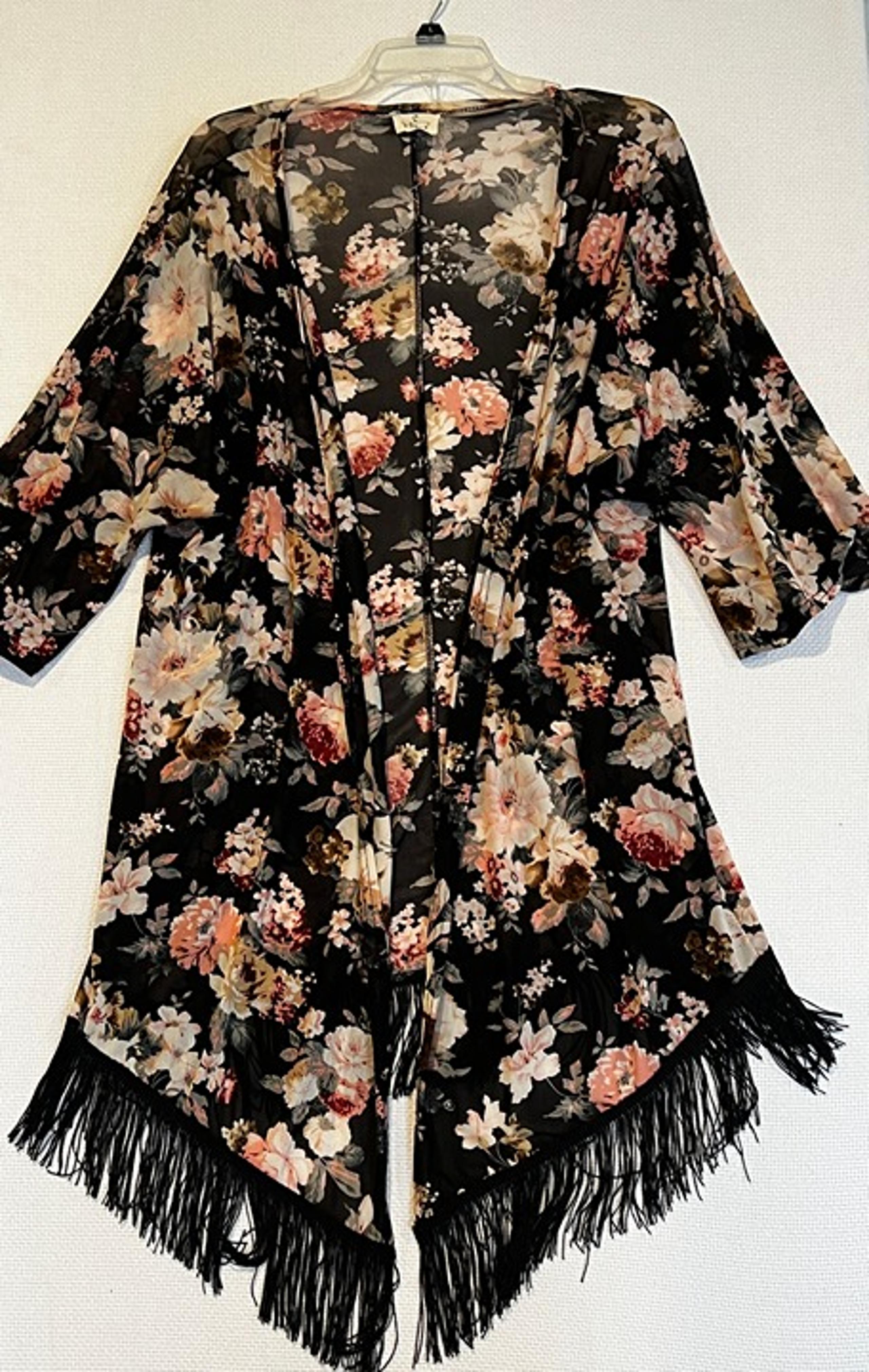 Ember Womens XL Open Front Sheer Kimono Boho Dark Romantic Floral with Fringe