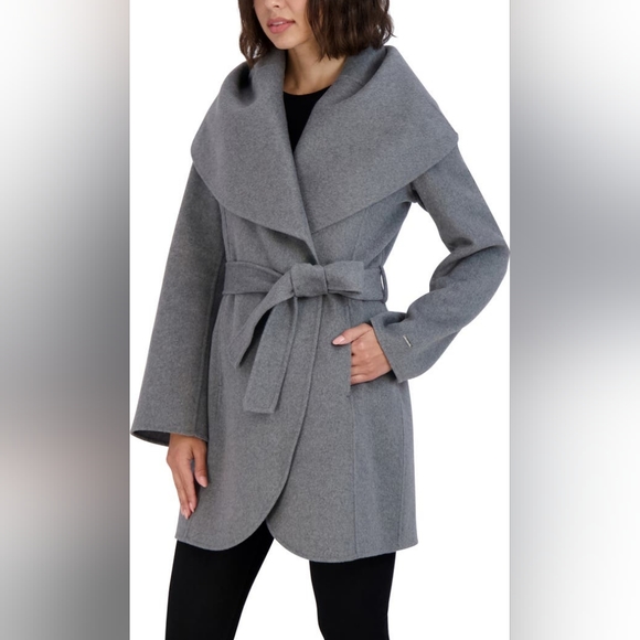 T. Tahari Marylin Wool Blend Belted Wrap Coat, M , Grey, NWT